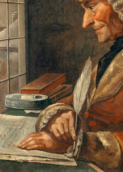 Portret van Francois Marie Arouet Voltaire in zijn studeerkamer (detail) door French School