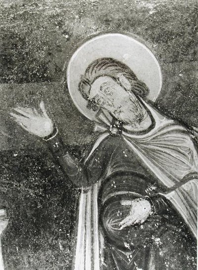 (detail) van St. Savin, van een fresco die St. Savin en St. Cyprien toont die van de beesten worden bevrijd, c.1100 (fresco) door French School