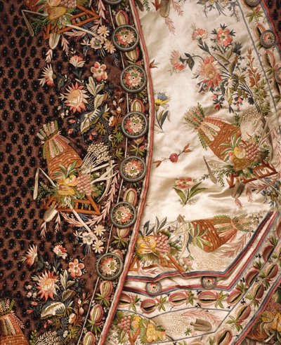 Detail van een magnifiek bruin fluwelen pak, bestaande uit jas, kniebroek en ivoorkleurig satijnen vest, ca. 1760 door French School