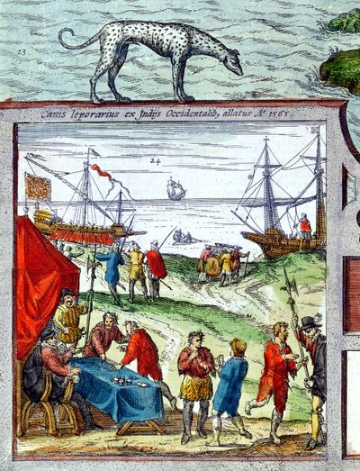 Detail van een uitzicht op de haven van Cadiz met handel met West-Indië door French School
