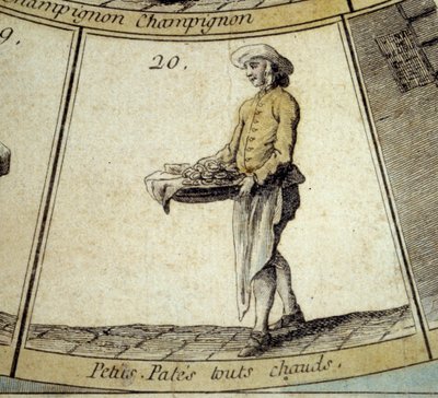 Detail van het ganzenbordspel van de Kreten van Parijs: handelaar in hete kleine pasta. Gravure uit de 18e eeuw. Coll. Vertrek. door French School