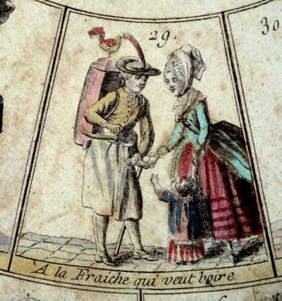 Detail van het ganzenbordspel van de Kreten van Parijs: de melkboer en de waterdrager. Gravure uit de 18e eeuw. Coll. Vertrek. door French School
