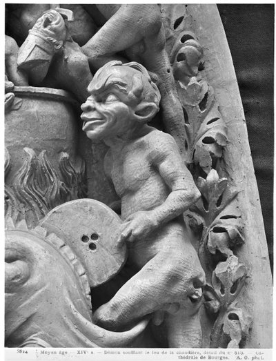 Duivel die het vuur aanwakkert, uit het Laatste Oordeel van de kathedraal van St. Etienne in Bourges (detail) (gipsafgietsel van steen) door French School