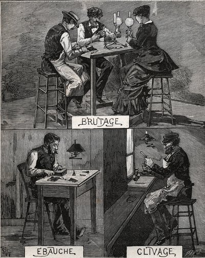 Diamant slijpen, geluid, ruw en splijten. Gravure uit 1885 in 