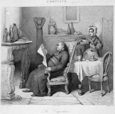 Spijsvertering: priester leest zijn dagboek voor de open haard terwijl zijn dienstmeid hem een digestief serveert - gravure door French School