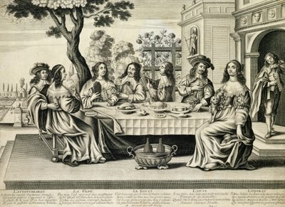 Dineren op een terras met een formele tuin beneden, gegraveerd door Balthazar Moncornet door French School