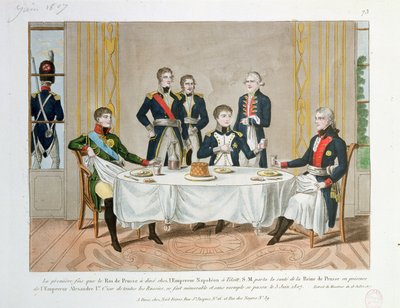 Diner in Tilsit tussen Frederik Willem III van Pruisen, Tsaar Alexander I van Rusland en Napoleon, die een toast uitbrengt op de Koningin van Pruisen, 3 juni 1807 door French School