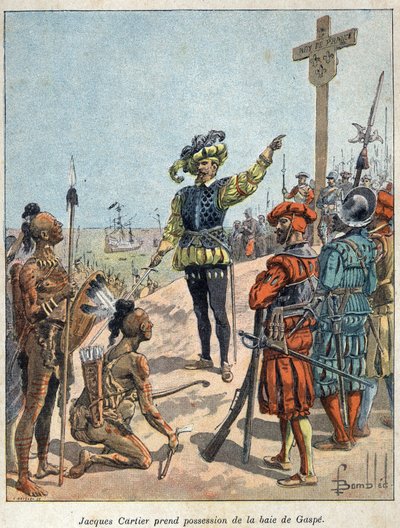 Ontdek Canada: Jacques Cartier (1491-1557), Franse navigator en ontdekkingsreiziger nam bezit van de Baai van Gaspé en richtte het kruis op op 24 juli door French School