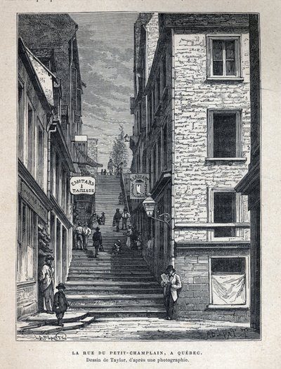Ontdek Canada: Rue du Peute Champlain in Quebec. Tekening door Taylor van een foto. Gravure uit het einde van de 19e eeuw in 