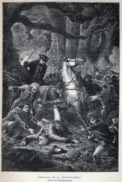 Ontdekt Canada: Slag bij Monongahela in 1755 tijdens de Zevenjarige Oorlog. Tekening door Philippoteaux. Gravure uit het einde van de 19e eeuw in 