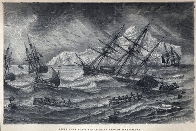 Ontdekking van Canada: Kabeljauwvisserij op de Grand Bank van Newfoundland. Gravure uit het einde van de 19e eeuw in 