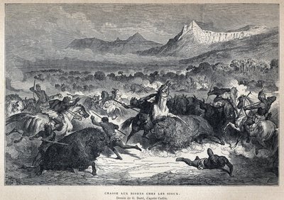 Ontdekking van Canada: Sioux bizonjacht. Tekening door Gustave Dore naar Catlin. Gravure uit het einde van de 19e eeuw in 