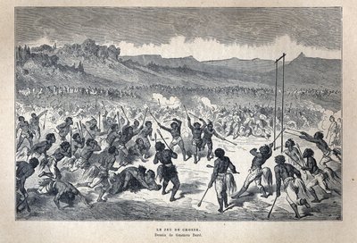 Ontdekt Canada: Sport. Het lacrossespel van de Amerikaanse Indianen. Tekening door Gustave Dore. Gravure uit het einde van de 19e eeuw in 