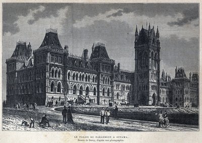Ontdek Canada: Het parlementsgebouw in Ottawa. Tekening door Deroy van een foto. Gravure uit het einde van de 19e eeuw in La nouvelle France door Eugene Guenin door French School