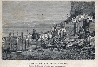 Ontdekking van Canada: bouw van een berkenhouten kano. Tekening door Bassot naar een foto. Gravure uit het einde van de 19e eeuw in 