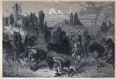 Ontdekt Canada: de dans van de bizons in de Mondanes. Gravure uit het einde van de 19e eeuw in 