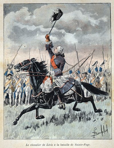 Ontdekking van Canada: Francois Gaston, bekend als Chevalier de Levis (1719-1787), moedigt zijn militaire troepen aan bij de slag om Saint Foy op 27 april 1760 tegen Engeland. Gravure uit het einde van de 19e eeuw in 