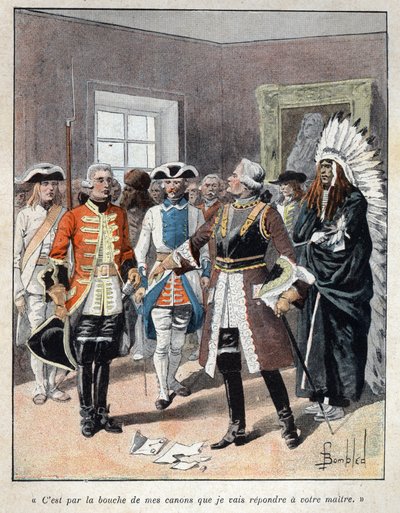 Ontdek Canada: Louis de Buade, graaf van Frontenac (1622-1698) ontvangt de gezant van de Engelse gouverneur van de kolonie Massachusetts (1651-1695) William Phips en antwoordt hem 