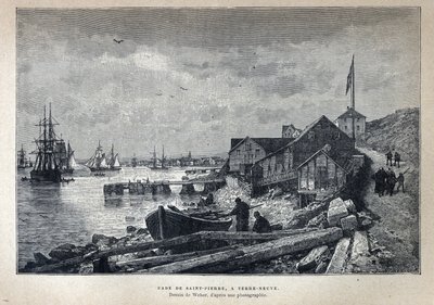 Ontdekking van Canada: Haven van St. Peter (St. Pierre) in Newfoundland. Tekening door Weber naar een foto. Gravure uit het einde van de 19e eeuw in 