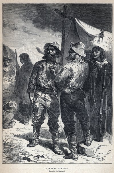 Ontdek Canada: coureur des bois (betrokken bij de bonthandel met de Amerindianen). Bayard tekening. Gravure uit het einde van de 19e eeuw in La nouvelle France door Eugene Guenin door French School