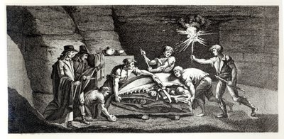 Ontdekking van de botten van een prehistorisch dier, illustratie uit Histoire naturelle de la Montagne Saint-Pierre de Maastricht door Barthelemy Faujas de Saint Fond (1743-1819) 1799 door French School