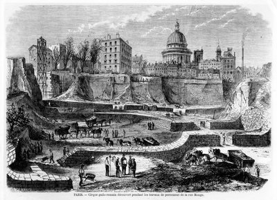 Ontdekking van het Gallo-Romeinse amfitheater in Parijs tijdens de bouwwerkzaamheden aan de rue Monge in 1869, 1870 door French School