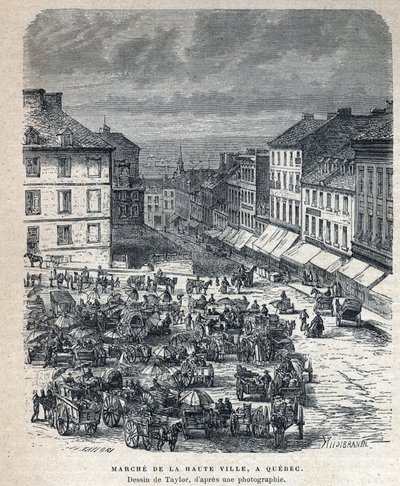 Ontdekt Canada: mars van de bovenstad (Upper City) naar Quebec. Tekening door Taylor van een foto. Gravure uit het einde van de 19e eeuw in 