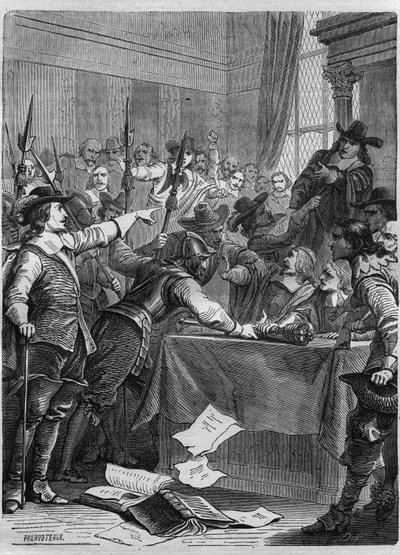 Ontbinding van het parlement door Oliver Cromwell (1599-1658) Britse militair en politicus die Engeland regeerde. Gravure in "History of the Popes (...) Crimes of the Queen King and Emperors through the centuries" door Maurice Lachatre door French School