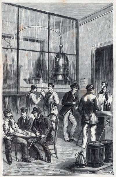 Distilleerderij in Parijs in de 19e eeuw - Gravure in 