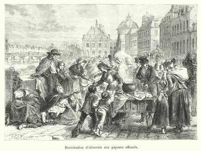Voedseluitdeling aan uitgehongerde boeren door French School