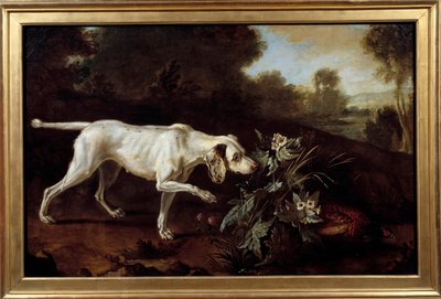 Hond stopt voor het spel. Anoniem schilderij van de Franse school door French School
