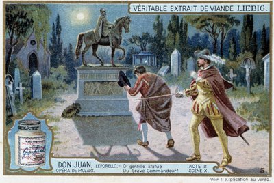 Don Juan: Act II, Scene X, Don Juan op het kerkhof en standbeeld van de Commandeur - chromo Liebig door French School