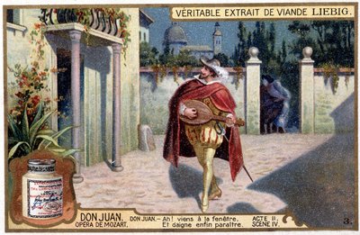 Don Juan in Troubadour: Act II sc. IV van de Mozart opera Don Giovanni - Liebig Chromolithografie, ca. 1900 door French School