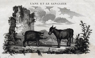 Ezel en everzwijn. Fabel van Aesopus. (Griekse schrijver Aesopus, 6e eeuw v.Chr.) Geschreven door Guillaume Montfort en gegraveerd door Beauble in 1801. door French School