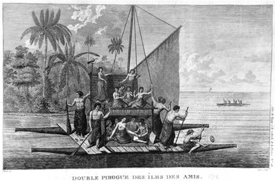 Dubbele Pirogue van de Vriendelijke Eilanden, illustratie uit de Atlas du Voyage a la recherche de La Perouse, 1792 door French School