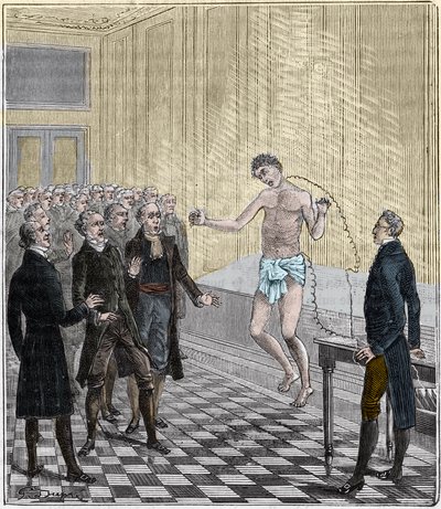 Dr. Andrew Ure voert voltaïsche experimenten uit op het lichaam van de geëxecuteerde moordenaar, Clydesdale, in 1818 - Experiment door Andrew Ure (1778-1857) op een lijk - Gravure in "Wetenschappen beschikbaar voor iedereen - natuurkunde en chemie" door Al door French School