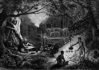 Tekening: een reiziger tekent een scène van zeden bij het licht van een fakkel. Gravure in 