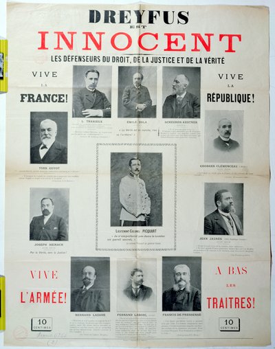 Dreyfus is onschuldig, poster met de portretten van zijn verdedigers, eind 19e eeuw door French School