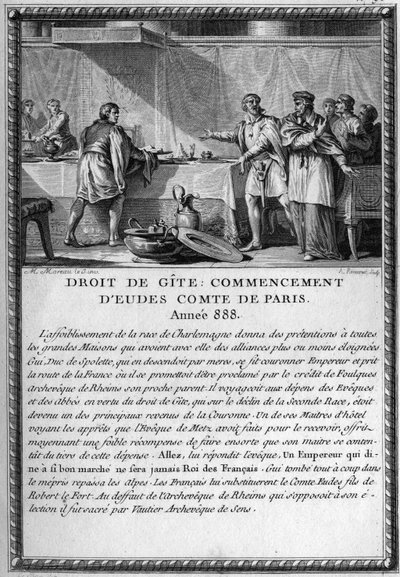 Droit de Gite, Begin van Eudes, Graaf van Parijs, jaar 888. Koning Guy III, Hertog van Spoleto (overleden 894) werd ondergebracht door de bisschop van Metz onder het recht van een huisje door French School