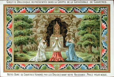 Druïden bidden bij een standbeeld van de Madonna en Kind op de plaats van de grot in Chartres, 1887 door French School
