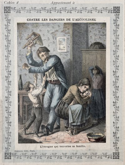 Dronkaard die zijn familie terroriseert, omslag van een schoolschrift, ca. 1900 door French School