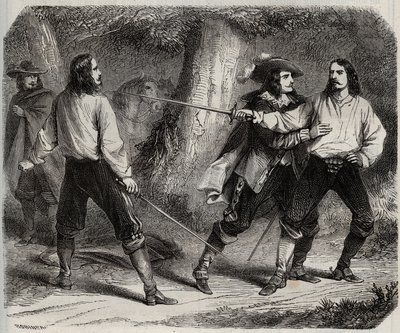 Duel met het zwaard tussen de Burggraaf van Cahuzac en de Markies van Gesvres, op wie de koningin van Frankrijk Anne van Oostenrijk verliefd is, in het bos van Vincennes. 17e eeuw. Gravure uit 1871 in 
