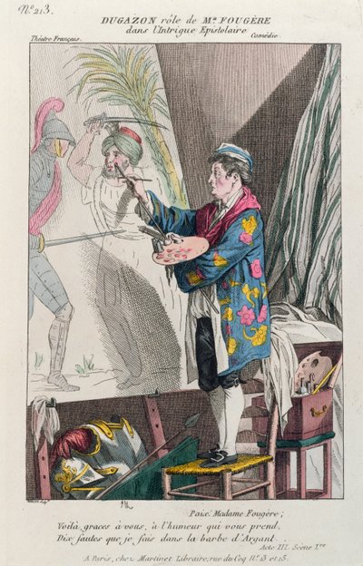 Dugazon in de rol van de schilder, Fougère, in Intrigue Epistolaire, geproduceerd in Parijs in het Théâtre Français, 1799 door French School