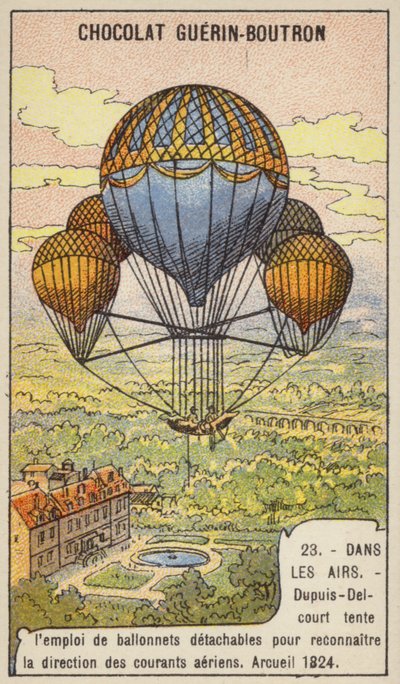 Dupuis-Delcourt probeert de richting van luchtstromen te meten met afneembare ballonnen, Arcueil, Frankrijk door French School