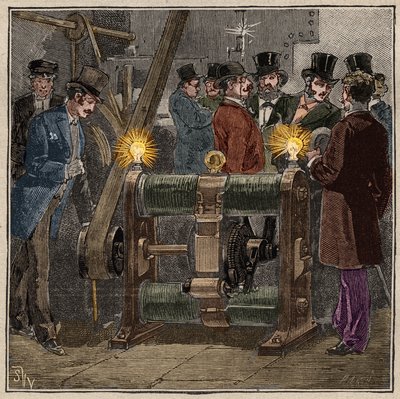 Dynamo elektrische machine van het type Gram (Zenobe Theophile Gram) die gelijkstroom produceert, elektrische ervaring in de machineruimte van het Conservatoire des arts et metiers de Paris (circa 1881). Gravure uit 1885 in 