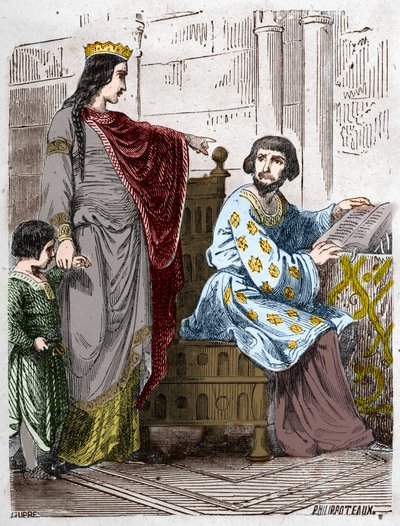 Dynastie van de Capetingen: Constance van Arles, koningin van Frankrijk, met Robert II de Vrome door French School
