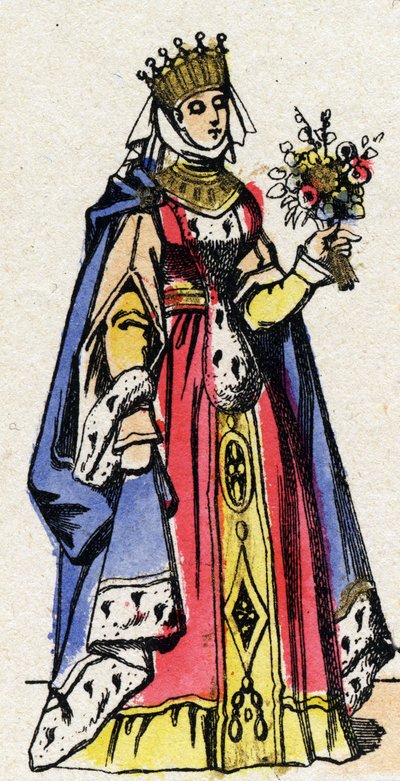 Dynastie van de Capetingen: Portret van Margaretha van Provence (1221-1295), Koningin van Frankrijk, vrouw van Lodewijk IX van Frankrijk (1214-1270). Epinal afbeelding eind 19e eeuw. Privécollectie. door French School