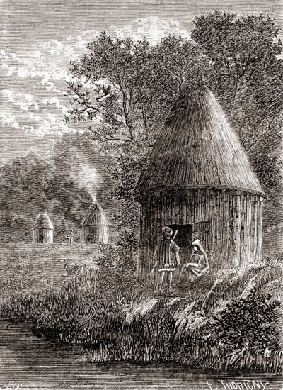 Vroege Gallische huizen, een ronde hut met een gat in het dak om de rook van het vuur te laten ontsnappen, uit 