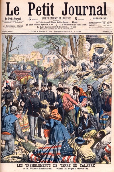 Aardbeving in Calabrië, Italië. Koning Victor Emmanuel III bezoekt de verwoeste regio