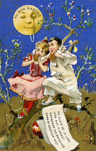 Brioche eten bij het licht van de maan, een promotiekaart voor de Bon Marché warenhuizen in Parijs, c.1890 door French School